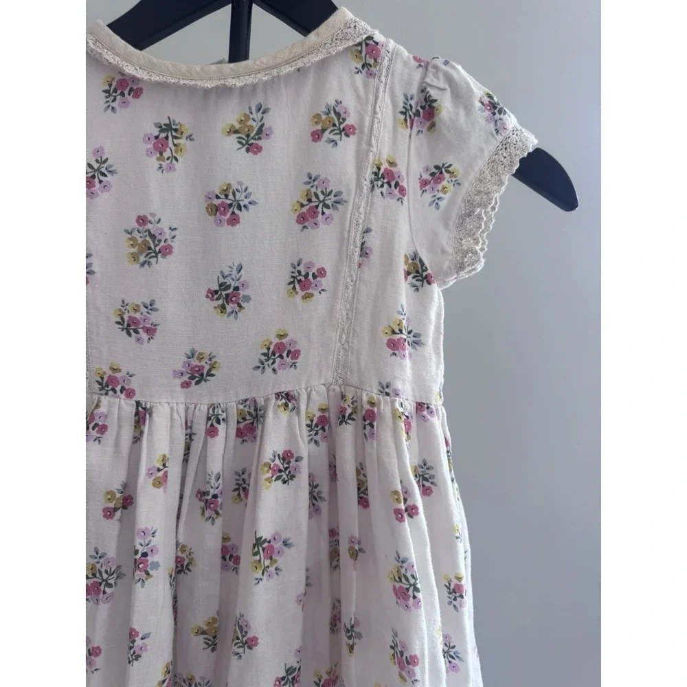 Boden Girls Floral Dress 6-7Y Pink Cottagecore Lace Trim Cotton Linen Blend